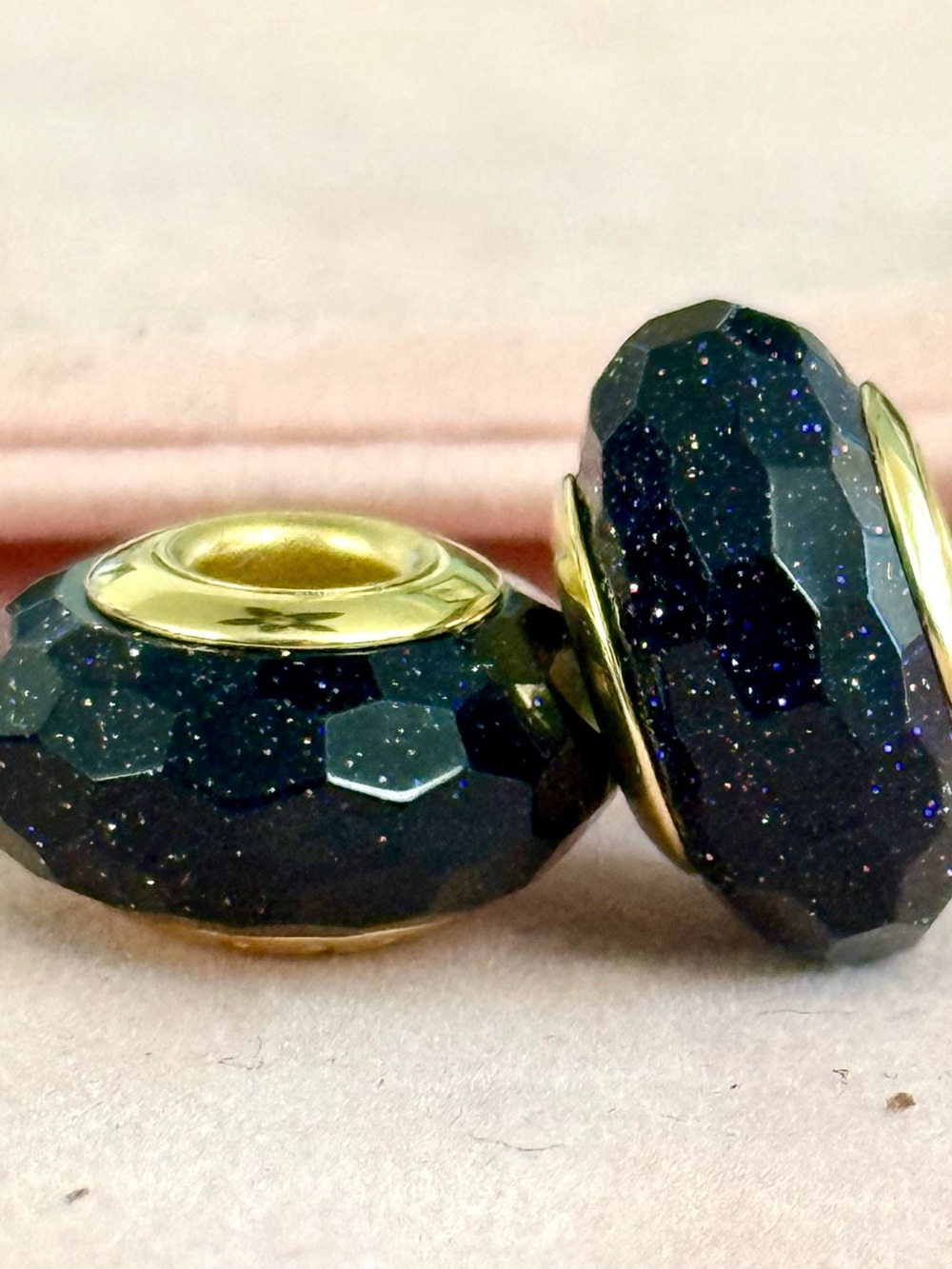 Sparkling Faceted black Murano Charms set with Gold Core fit Pandora bracelets